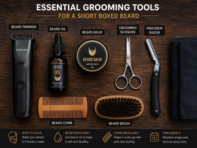 Essential grooming tools for maintaining a short boxed beard