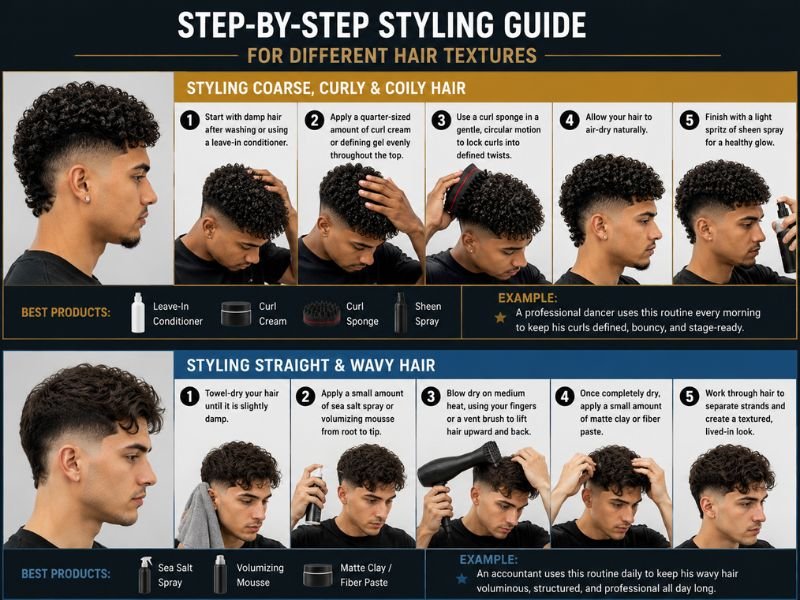 Step-by-step burst fade haircut styling guide for curly, coily, straight, and wavy hair