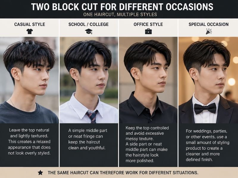 Two block cut hairstyle for different occasions including casual, school, office, and special event styling.
