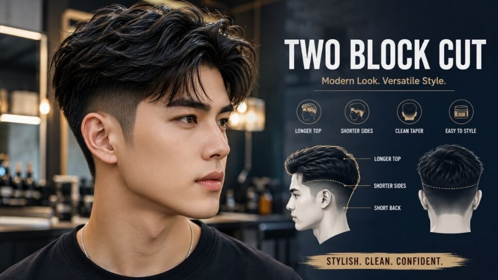 Modern two block cut hairstyle for men with textured top and short faded sides