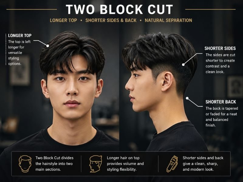 Diagram showing the longer top and shorter sides of a two block haircut