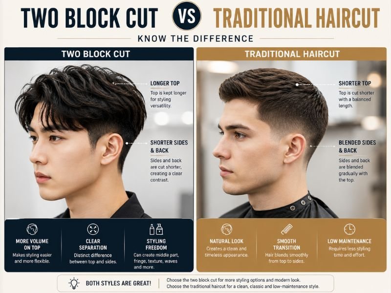Comparison between a traditional men's haircut and a modern two block haircut