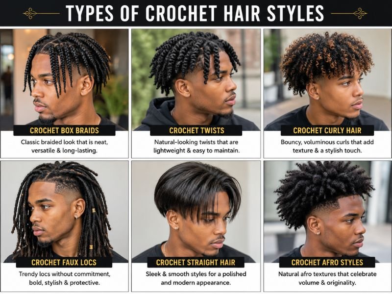 Different types of crochet hair styles including braids twists curls and faux locs