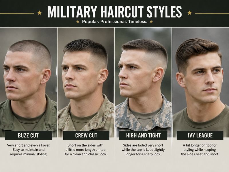 Different types of military haircut styles for men including buzz cut crew cut and high and tight