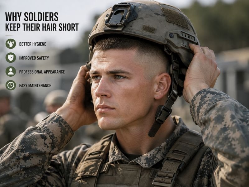 Soldier with short military haircut wearing combat helmet during training