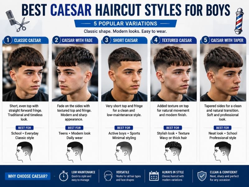 five Caesar haircut styles including fade taper and textured variations