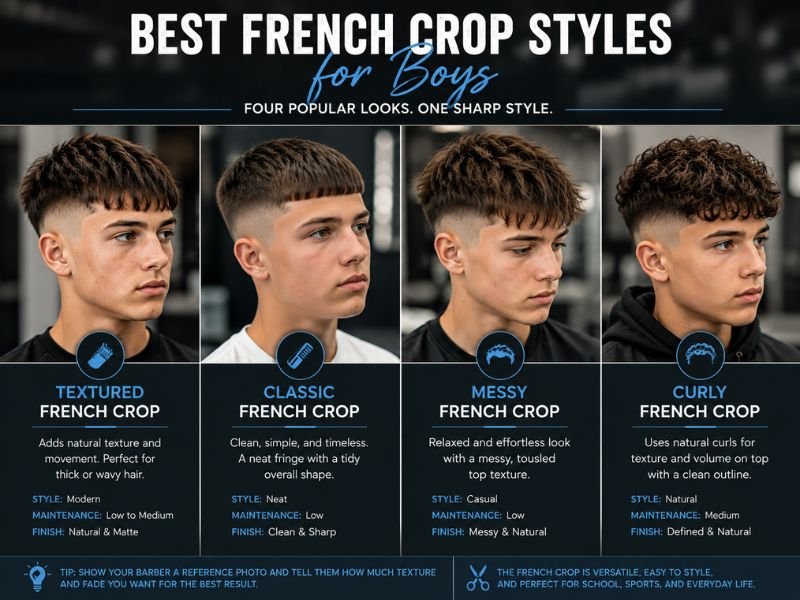 Four French crop hairstyles for boys textured classic messy and curly