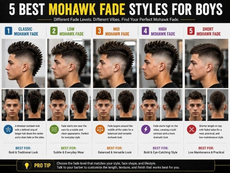 Classic low mid high and short mohawk fade styles for boys