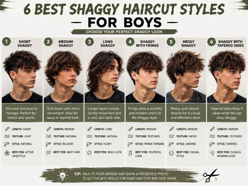 Six shaggy haircut styles for boys including short medium long fringe messy and tapered
