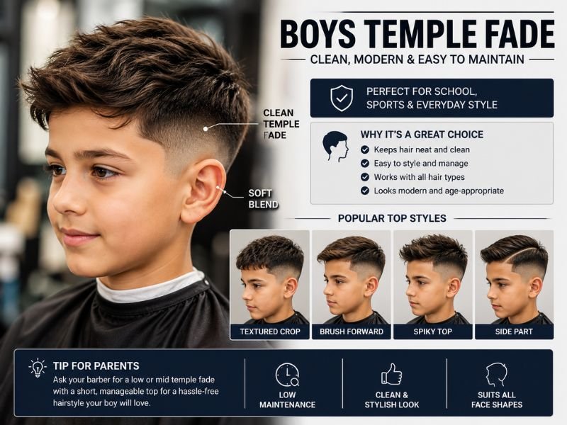 Boys low temple fade haircut with textured top