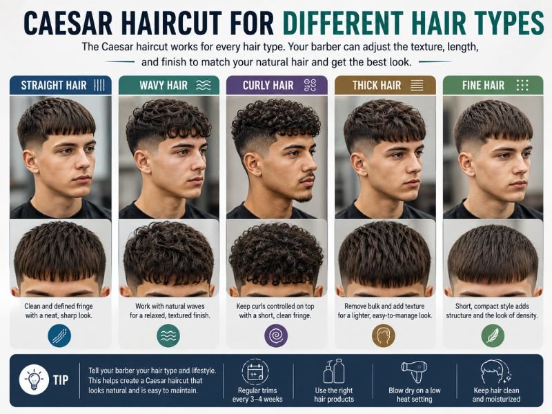 Caesar haircut for straight wavy curly thick and fine hair