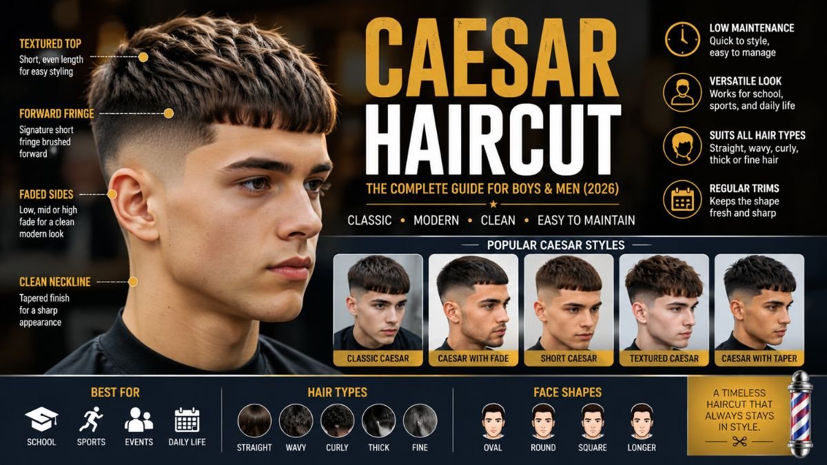 Caesar haircut with short top and forward fringe
