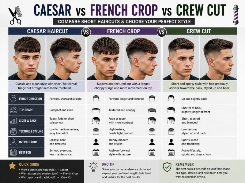 Comparison of Caesar haircut, French crop, and crew cu