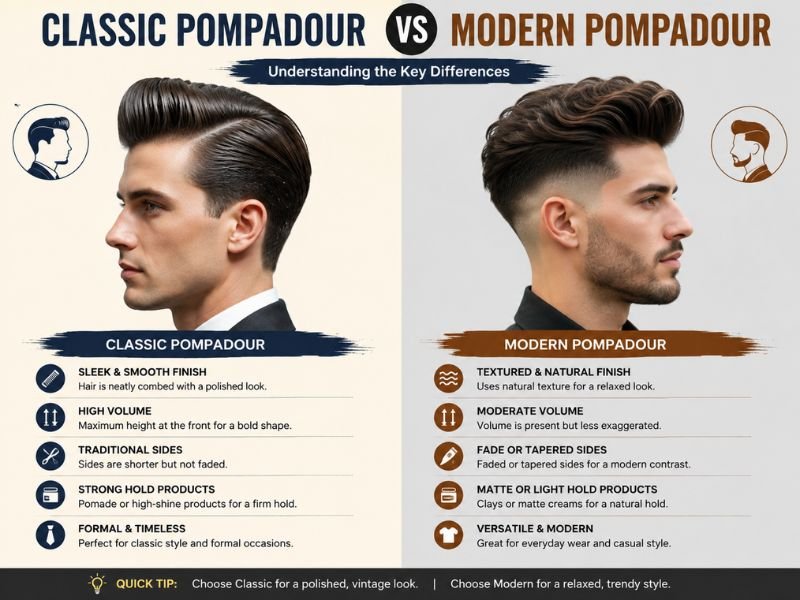 Classic and modern pompadour haircut comparison showing smooth traditional styling