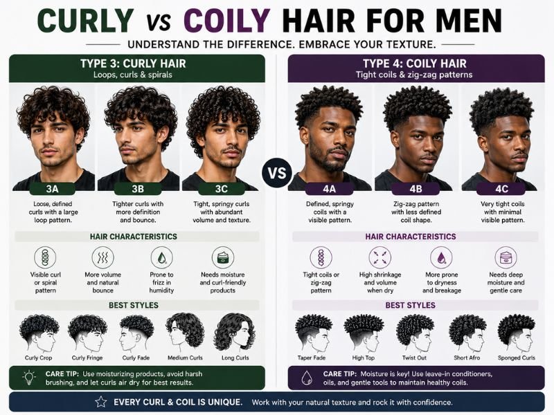 Curly vs coily hair types for men showing Type 3 and Type 4 patterns
