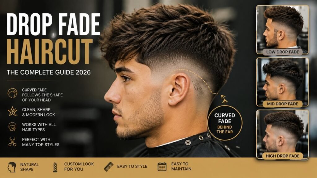 drop fade haircut with curved fade behind ear