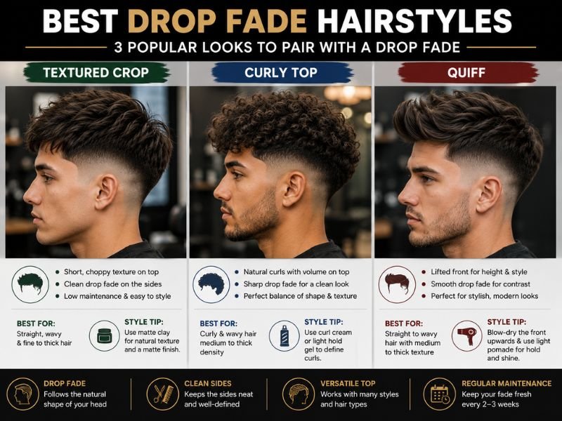 drop fade haircut with textured crop curly top and quiff