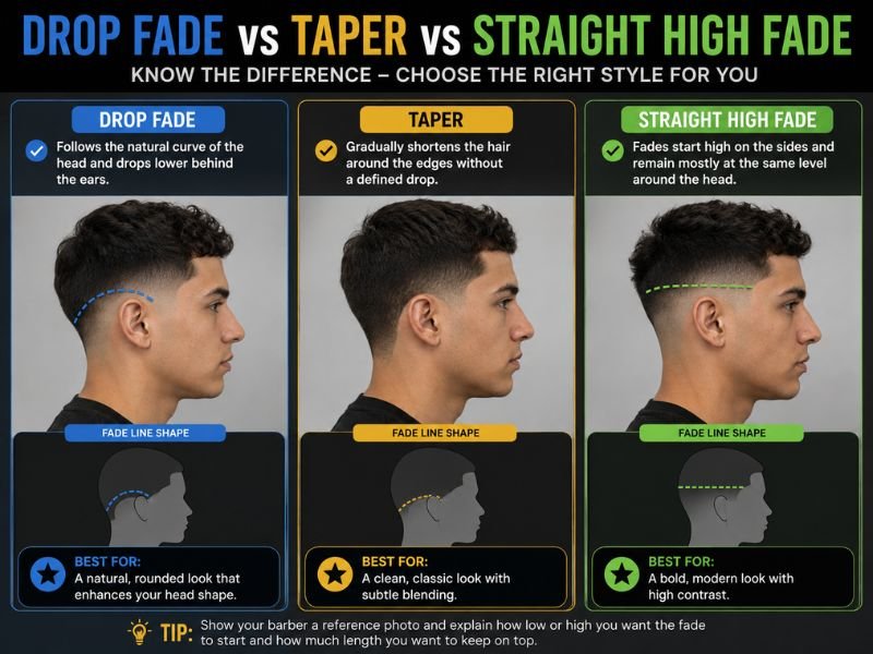 Drop fade vs taper vs high fade haircut comparison