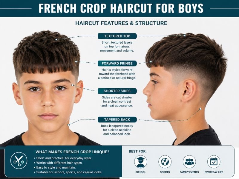 French crop haircut features showing fringe short top and sides