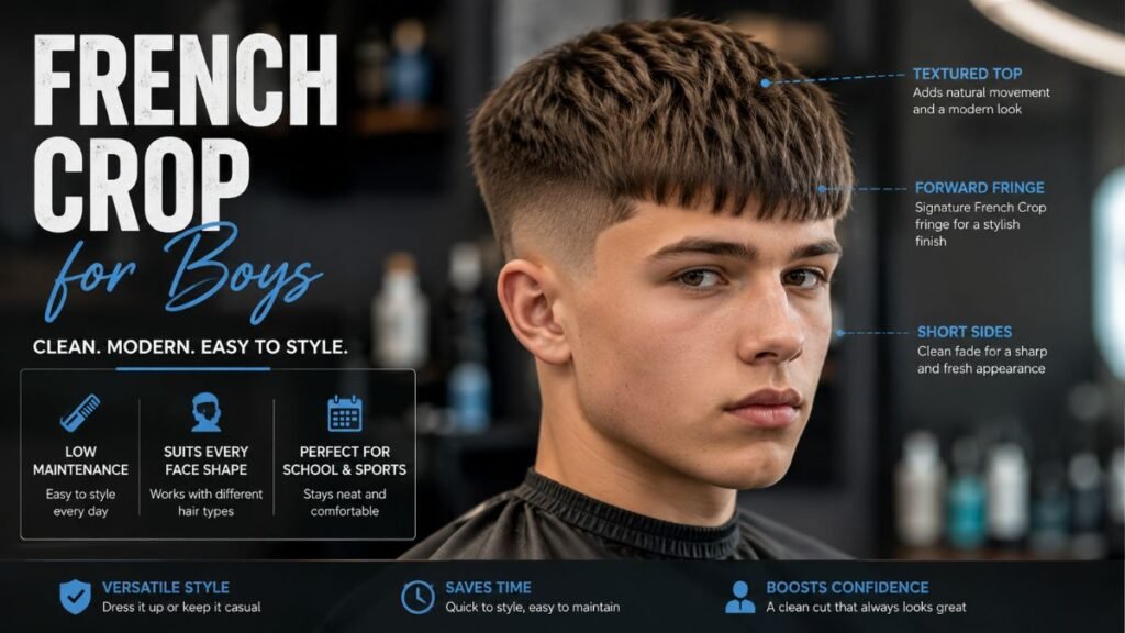 French crop haircut for boys with textured top and forward fringe