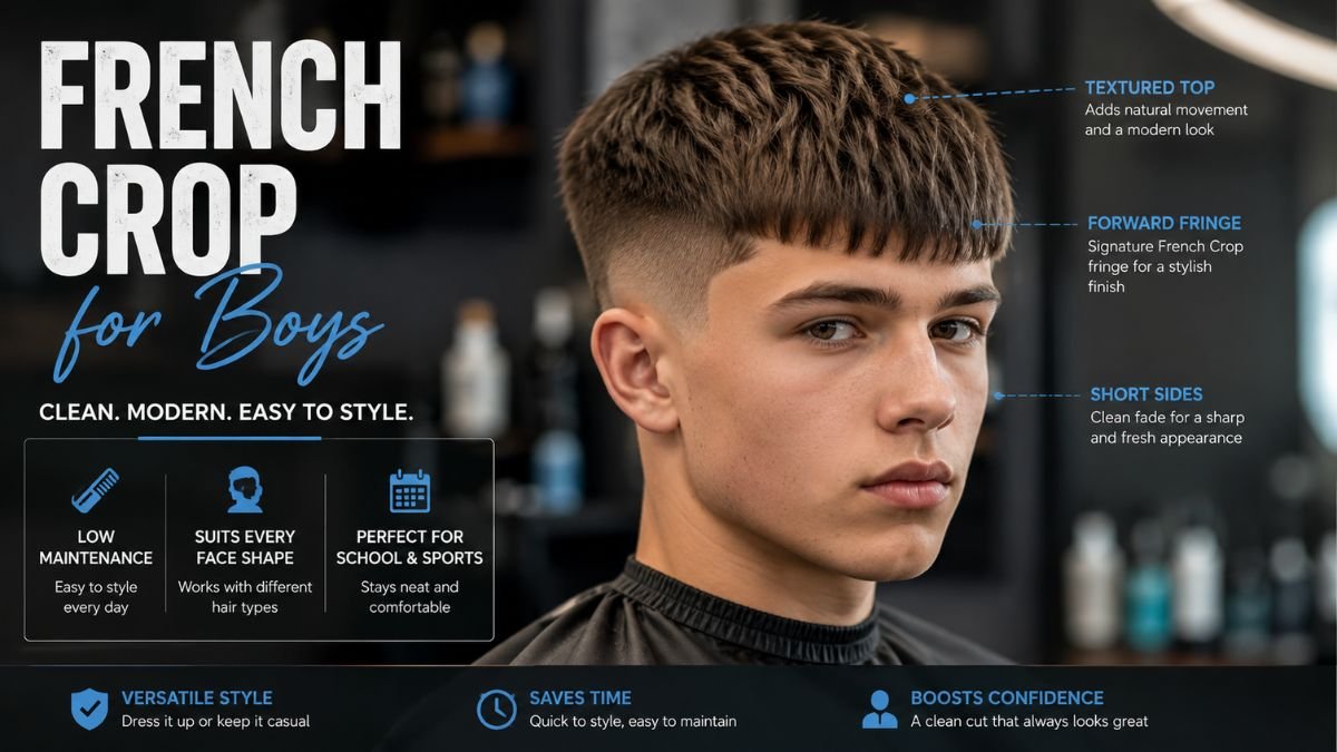 French crop haircut for boys with textured top and forward fringe