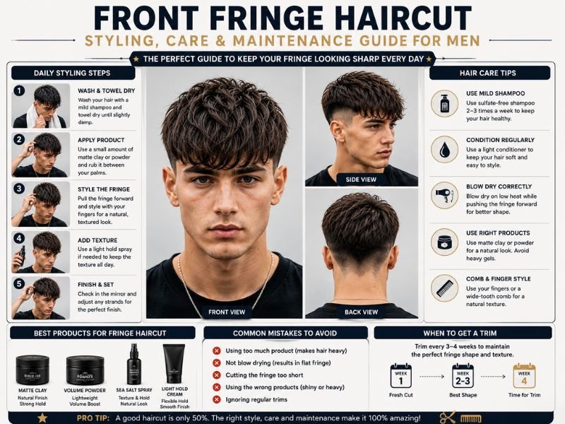 Man showing a textured fringe haircut reference to his barber