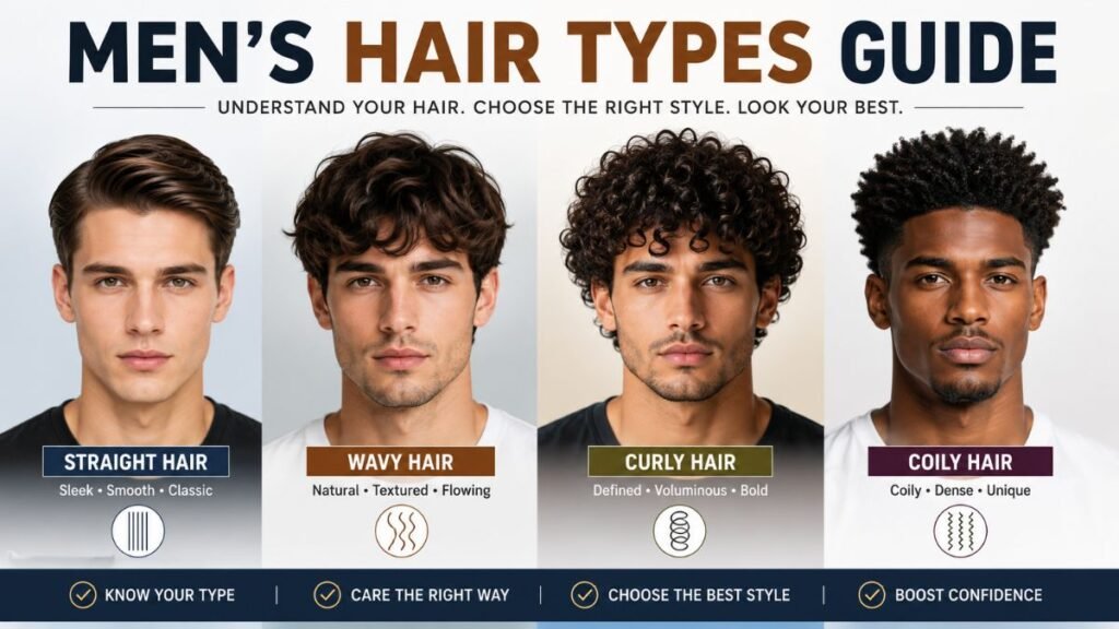 Different hair types men comparison showing straight, wavy, curly and coily hair patterns