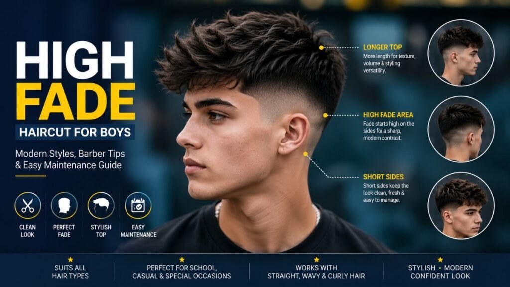 High fade haircut for boys with short faded sides and longer textured top
