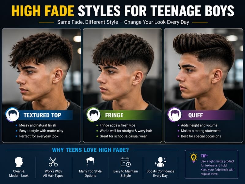 Teenage boys high fade with textured top fringe and quiff styling options