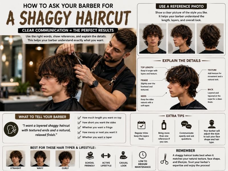 Boy getting a layered shaggy haircut from a professional barber