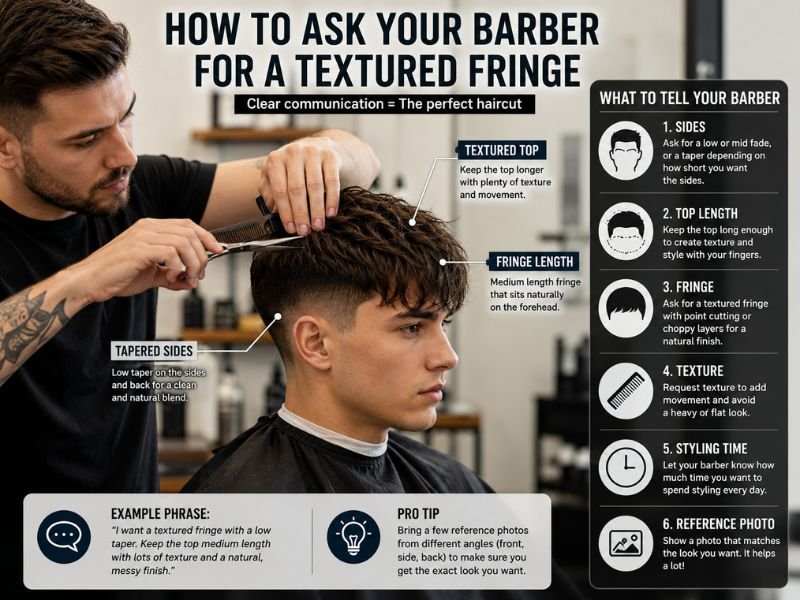 Barber cutting a textured fringe haircut with tapered sides for men