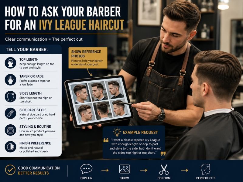Barber consultation for an Ivy League haircut