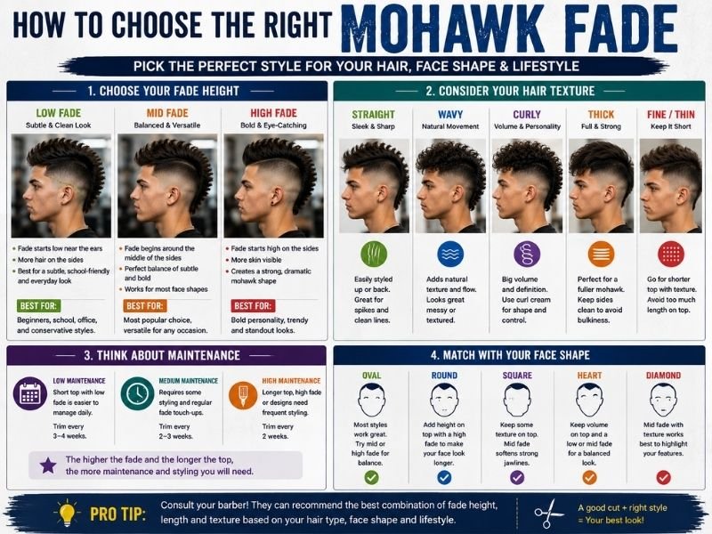 Mohawk fade selection guide comparing low mid and high fade styles
