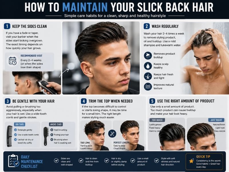 How to maintain slick back hair with regular washing, trimming, gentle brushing, and proper styling product use