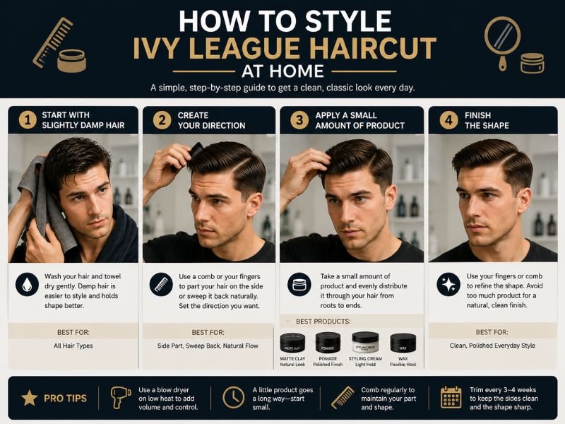 Step by step guide to style an Ivy League haircut at home