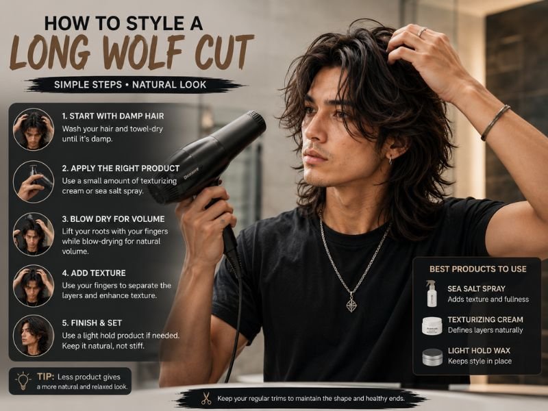 Styling a long wolf cut with a blow dryer and texturizing product
