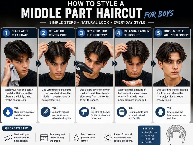Step by step middle part haircut styling guide for boys showing clean hair, center parting, blow drying, light product application, and final styling