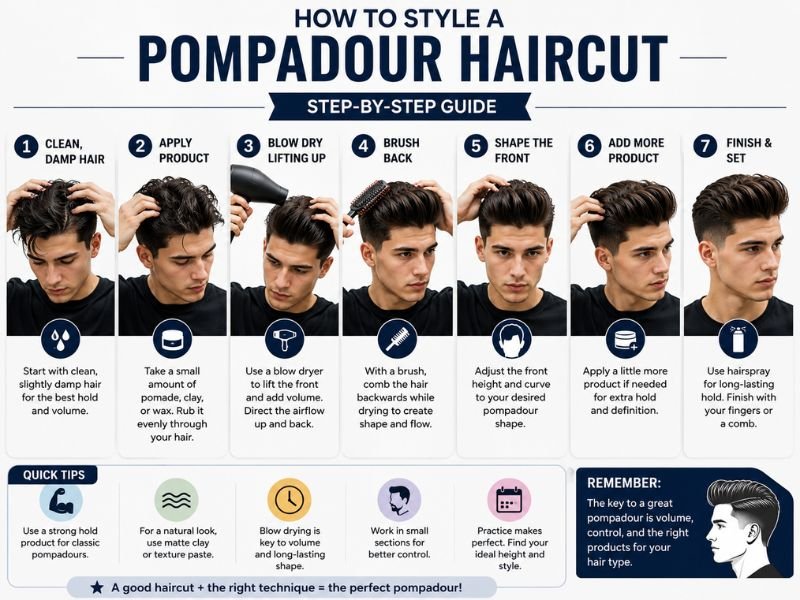 Seven step pompadour styling guide showing clean damp hair product application blow drying lifting brushing shaping and final styling
