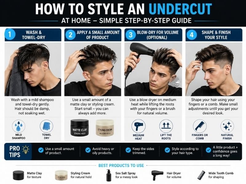 Step by step guide showing how boys can style an undercut hairstyle at home with product and a hair dryer