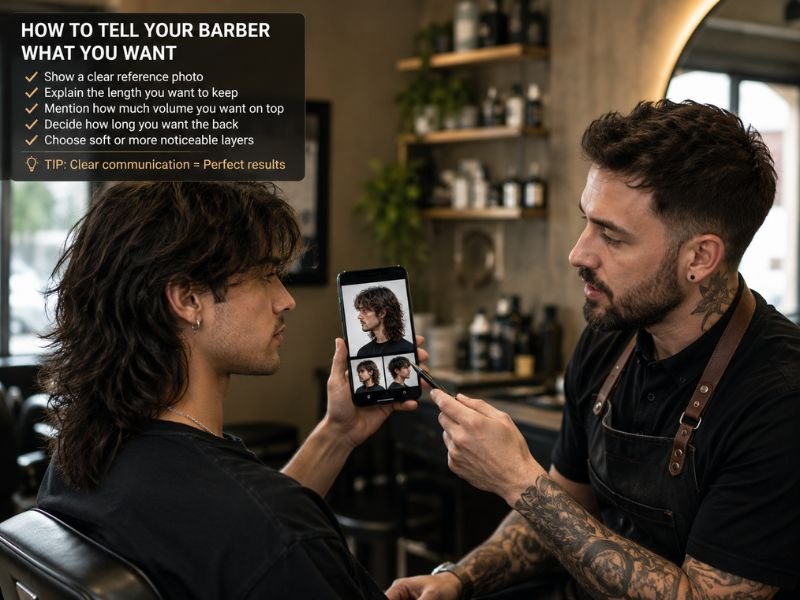 Man showing a reference photo of a long wolf cut to his barber before a haircut.