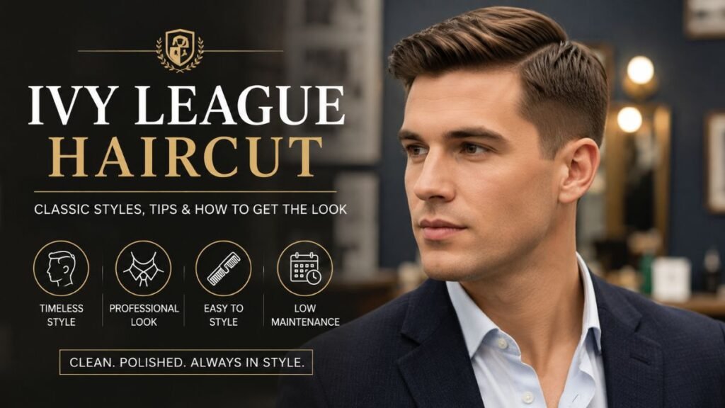 Classic Ivy League haircut with tapered sides and side-part hairstyle