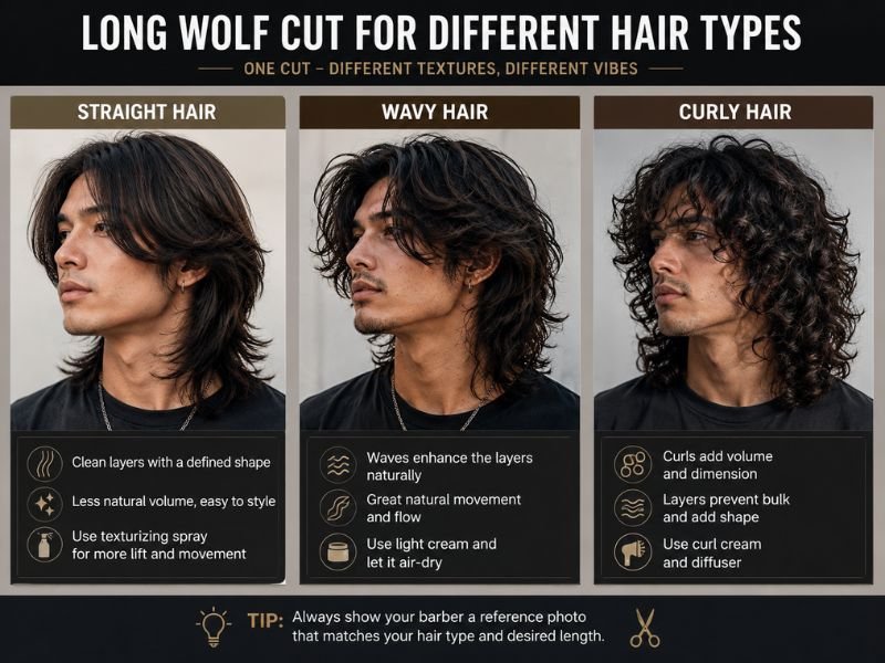 Long wolf cut on straight, wavy, and curly hair types