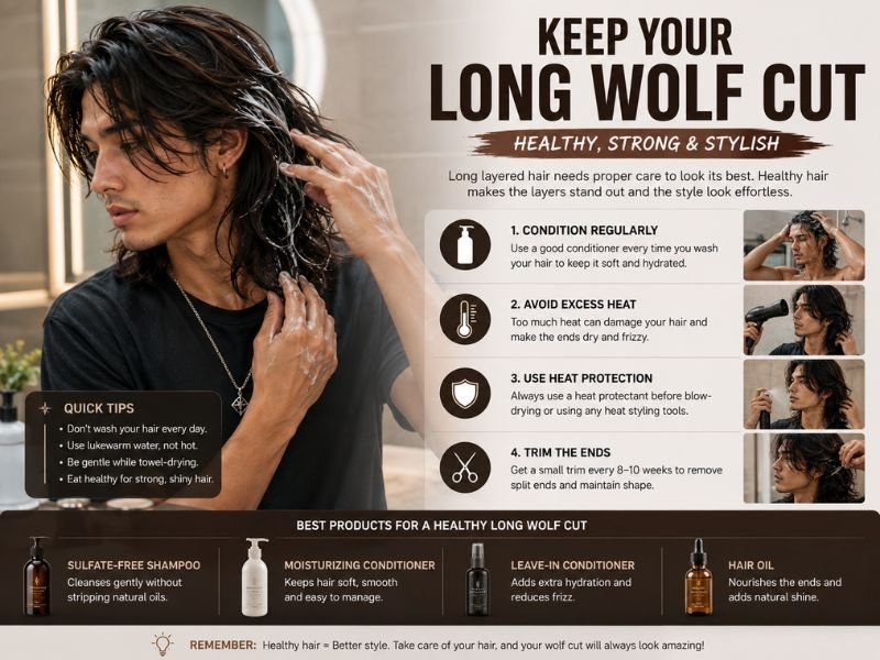 Maintaining a healthy long wolf cut with conditioner and hair care