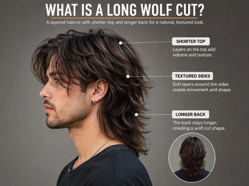 Side view of a men's long wolf cut showing shorter top layers and longer back hair.