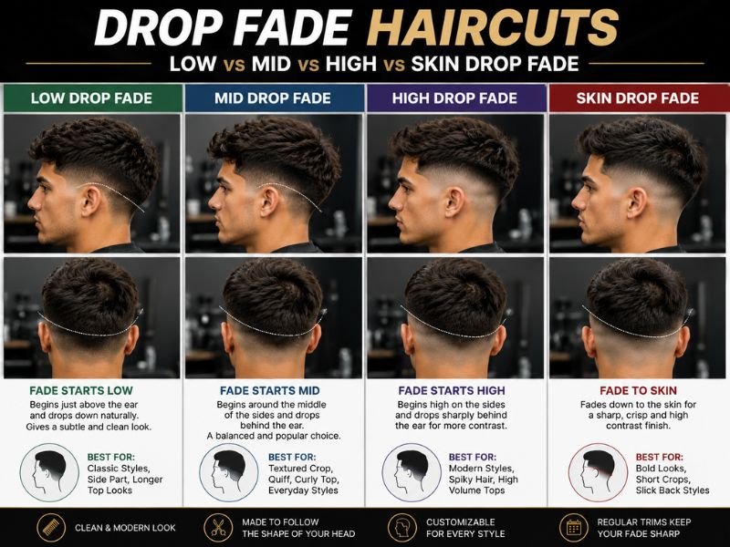 low mid high and skin drop fade haircut comparison