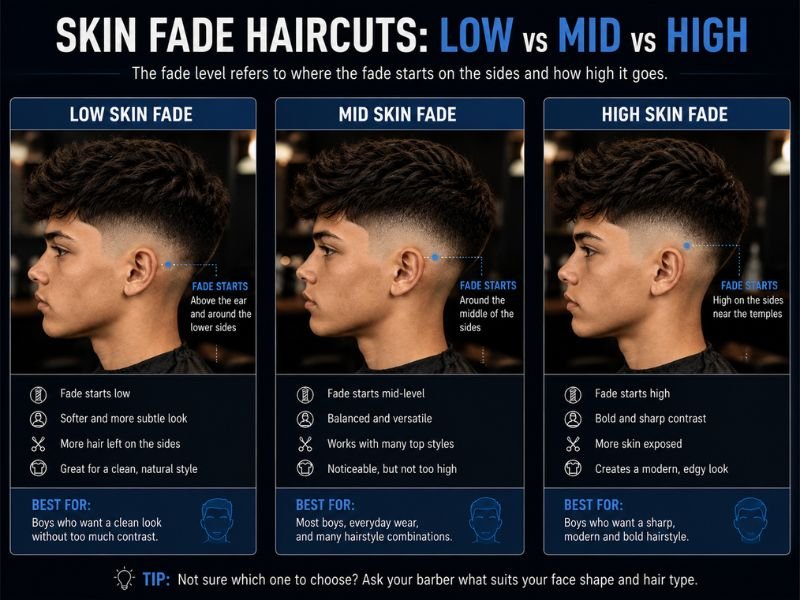 Low mid and high skin fade haircuts for boys comparison