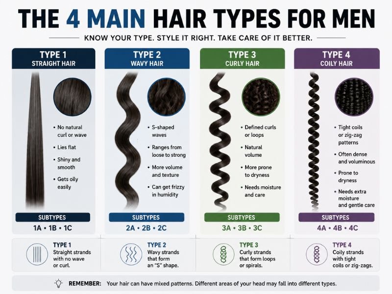 Men's hair type chart comparing straight, wavy, curly and coily hair