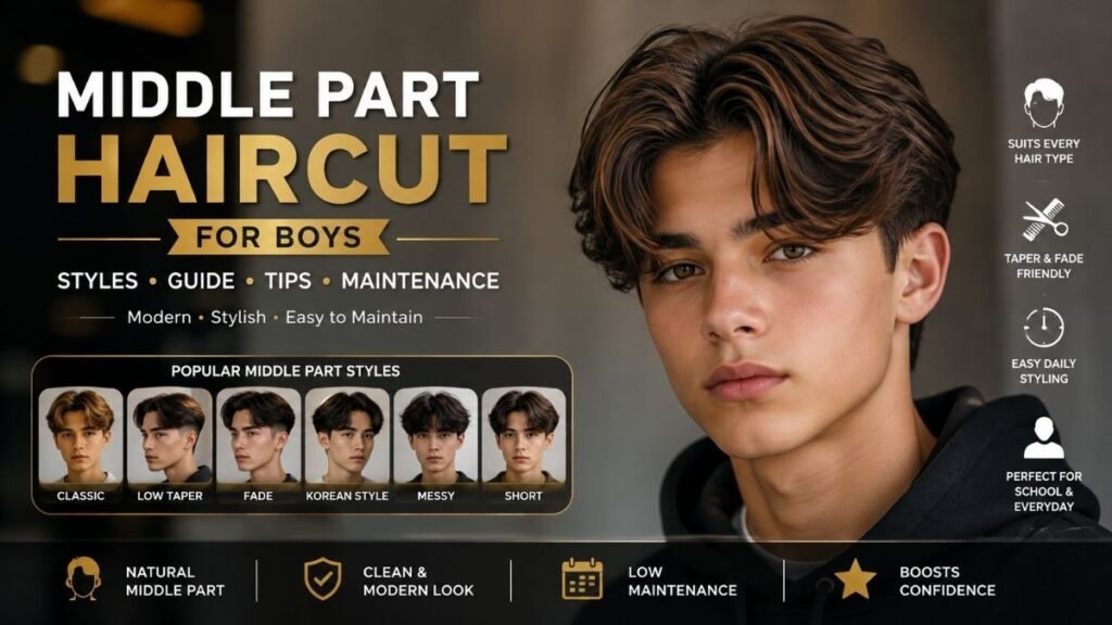 Middle part haircut for boys with medium-length hair, natural center part, clean sides