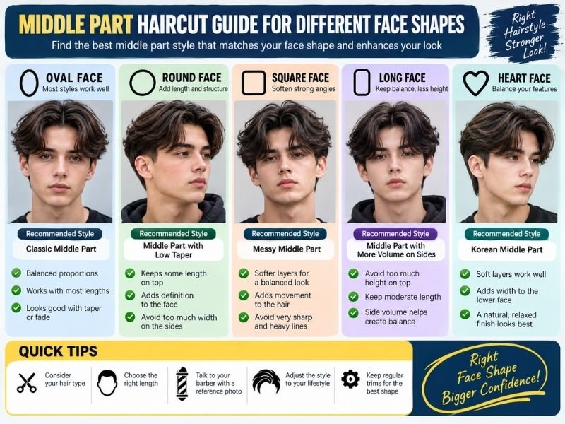 Middle part haircut guide for different boys face shapes