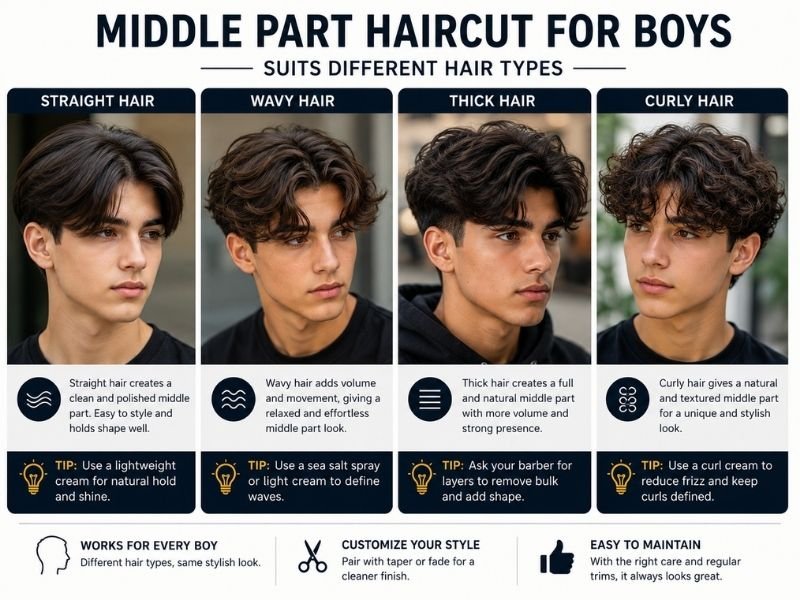 Middle part hairstyles for boys with straight, wavy, thick, and curly hair textures showing